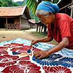 **

A community batik project in a "kampung" (village). Show people of all ages creating batik, with traditional motifs and colors. Emphasize the connection to heritage and storytelling. The batik should visually tell a story of the community's history.

**