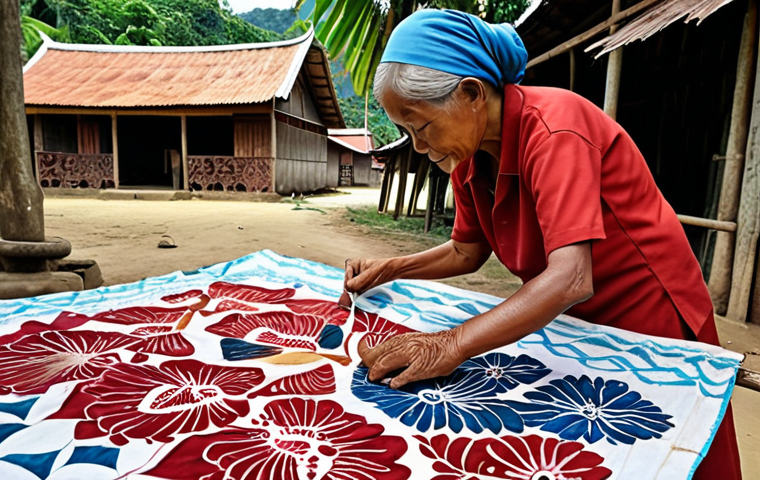 **
A community batik project in a "kampung" (village). Show people of all ages creating batik, with traditional motifs and colors. Emphasize the connection to heritage and storytelling. The batik should visually tell a story of the community's history.
**